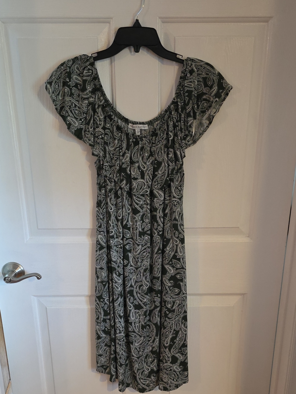 Sandra Darren Olive Paisley Off-Shoulder Midi Dress